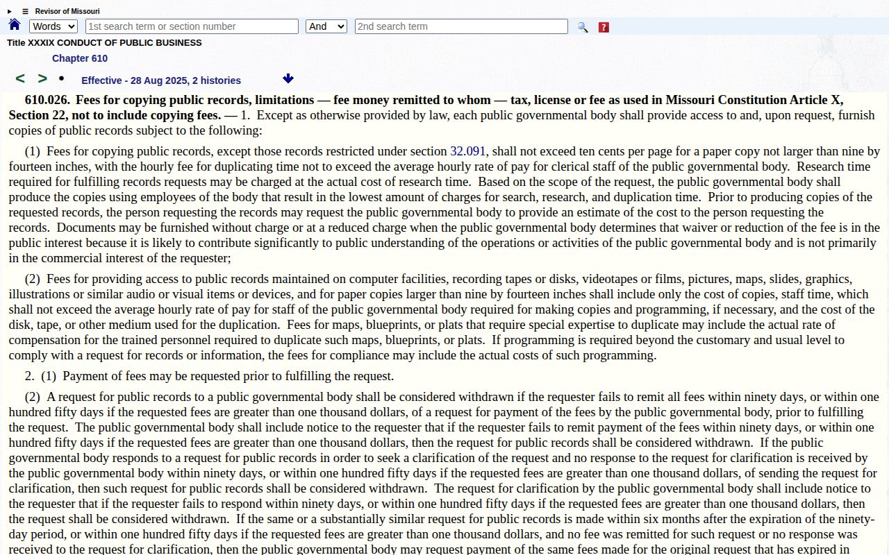 Missouri section 610.026 public-record fee rules for a three-day release extract