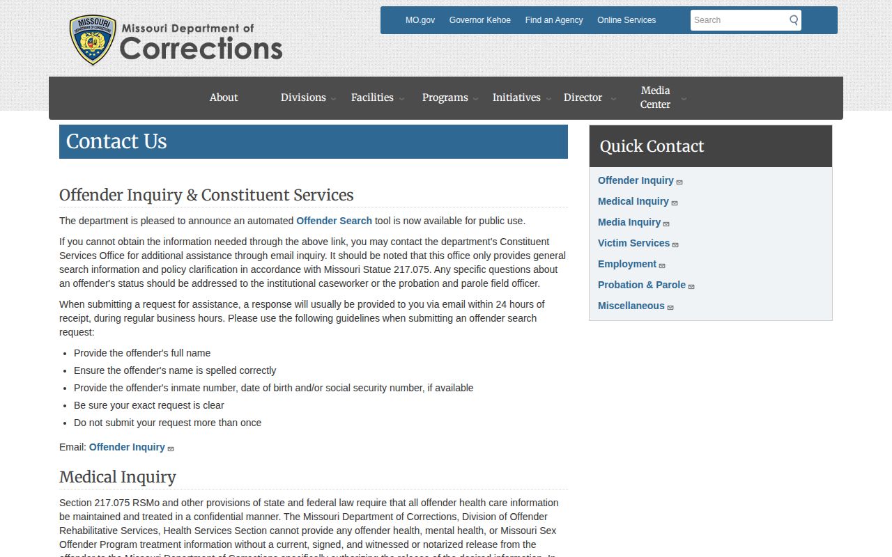 Missouri Department of Corrections contact page for status verification