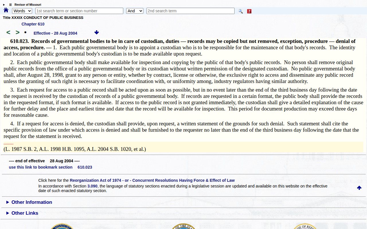 Missouri section 610.023 records custodian response rules for a Douglas County request
