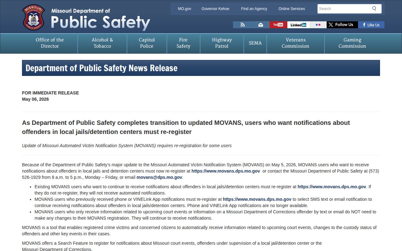 Missouri DPS Douglas County MOVANS release notification transition notice